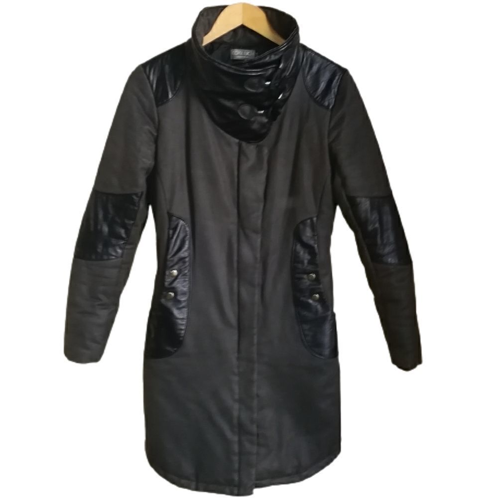 𝅺COKLUCH Winter Black & Grey Contemporary Zipper Front Long Coat Extra-Small